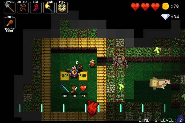‘Crypt of the NecroDancer’ aglutina también los habituales ingredientes del género de rol. Tendremos objetos, armas e ítems con las que mejorar nuestra velocidad, nuestros ataques o la salud. Eso sí, procurad tener antes las monedas necesarias.