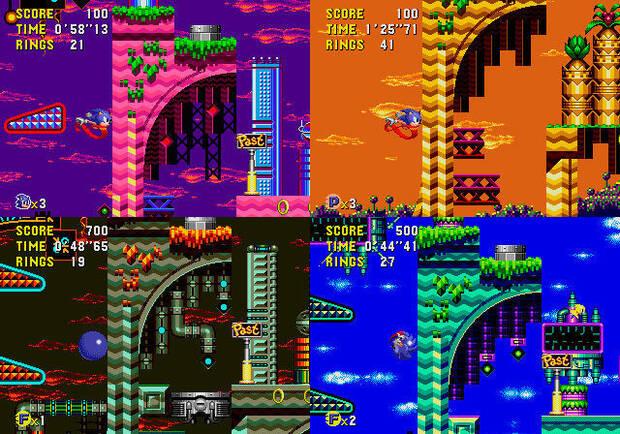 La misma zona de Collision Chaos en cuatro versiones: presente, pasado, futuro malo y futuro bueno.