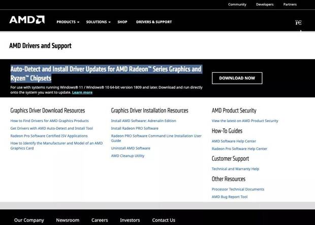 Interior de la web con logos de AMD y todo listo para engañarnos y que bajemos un virus.