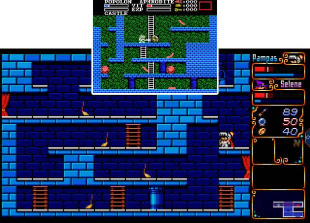 Pampas & Selene: The Maze of Demons (imagen grande) comparado con The Maze of Galious (imagen pequeña). El homenaje salta a la vista en mecánicas, diseño de niveles y paleta.