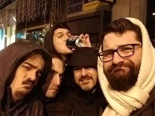 De izquierda a derecha, Enrique Alonso (Eurogamer), Jorge Cano (Vandal), Montero, Alfonso González y César Díaz, ambos de Antihype.