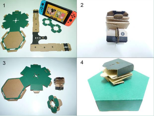 La base del Toy-Con del avión son tres piezas (1), de las cuales la que tiene partes negras se convierte en un muelle (2) que se conecta con la pieza inferior (3) y sobre el que pivota todo el movimiento del joystick (4).
