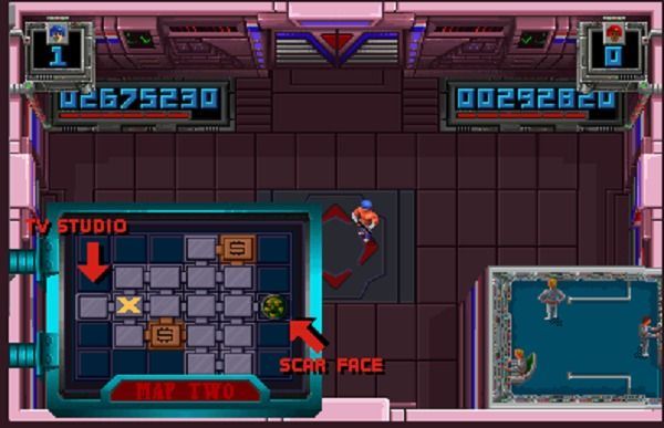 Al finalizar la primera pantalla de uno de los tres decorados apareca brevemente un mapa que indicaba la posicin del jefe y de las pantallas con premios extra.