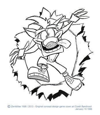 Diseño original de la portada de Crash Bandicoot, que acabó siendo descartado.