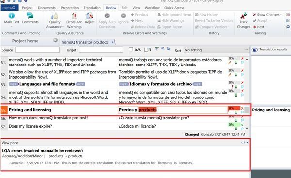 Ejemplo de software usado en la localización de videojuegos, en este caso, memoQ.