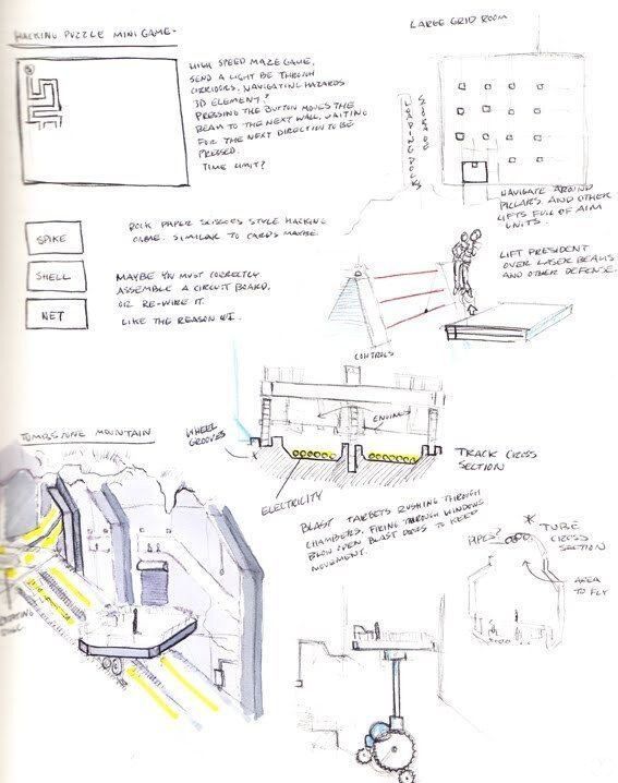 Documento de diseño que recoge ideas para puzles y escenarios.